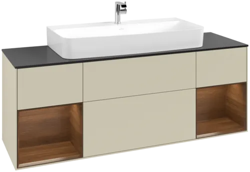 VILLEROY BOCH Toaletní skříňka Finion, s osvětlením, 4 výsuvy, 1600 x 603 x 501 mm, hedvábně šedý matný lak / ořechová dýha / černé matné sklo #F212GNHJ