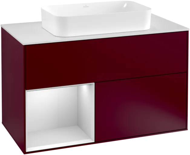 VILLEROY BOCH Toaletní skříňka Finion, s osvětlením, 2 výsuvy, 1000 x 603 x 501 mm, Peony Matt Lacquer / White Matt Lacquer / Glass White Matt #F241MTHB