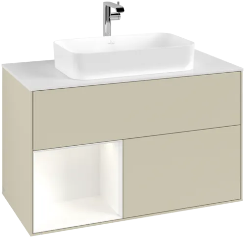 VILLEROY BOCH Toaletní skříňka Finion, s osvětlením, 2 výsuvy, 1000 x 603 x 501 mm, Silk Grey Matt Lacquer / White Matt Lacquer / Glass White Matt #F241MTHJ
