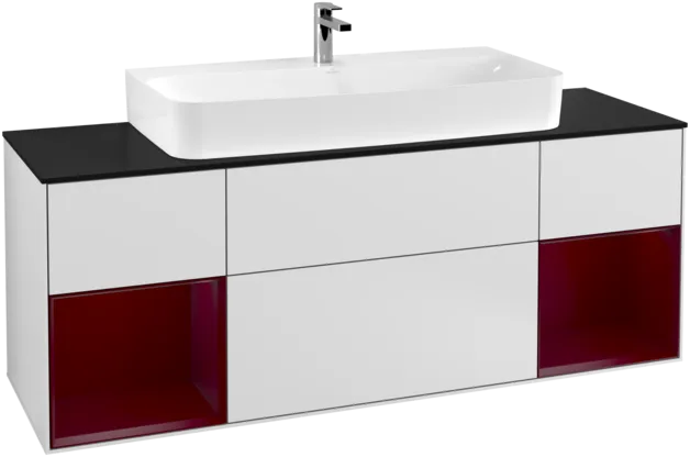 VILLEROY BOCH Toaletní skříňka Finion, s osvětlením, 4 výsuvy, 1600 x 603 x 501 mm, bílý matný lak / pivoňkový matný lak / černé matné sklo #F212HBMT
