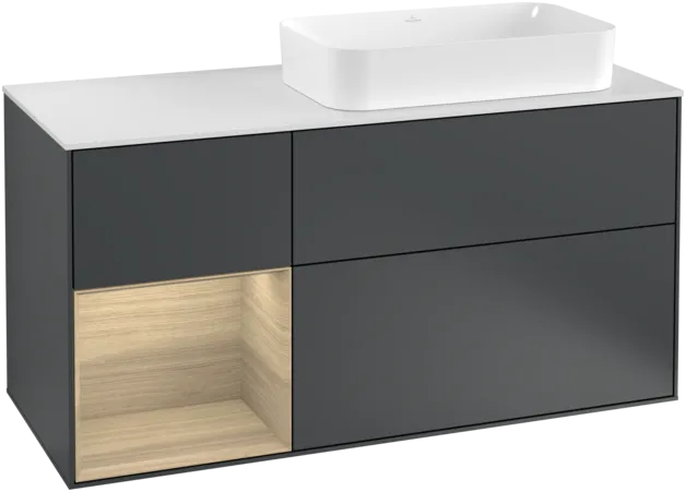 VILLEROY BOCH Toaletní skříňka Finion, s osvětlením, 3 výsuvy, 1200 x 603 x 501 mm, matný lak Midnight Blue / dubová dýha / matné bílé sklo #F271PCHG