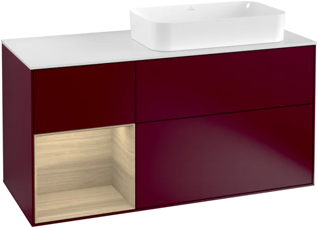 VILLEROY BOCH Toaletní skříňka Finion, s osvětlením, 3 výsuvy, 1200 x 603 x 501 mm, matný lak Peony / dubová dýha / bílé matné sklo #F271PCHB