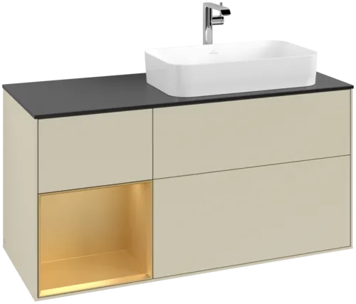 VILLEROY BOCH Toaletní skříňka Finion, s osvětlením, 3 výsuvy, 1200 x 603 x 501 mm, Silk Grey Matt Lacquer / Gold Matt Lacquer / Glass Black Matt #F272HFHJ