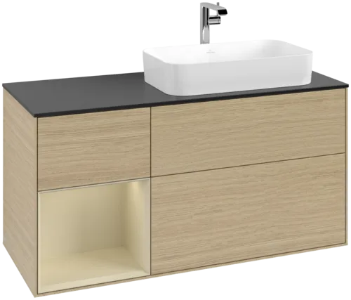 VILLEROY BOCH Toaletní skříňka Finion, s osvětlením, 3 výsuvy, 1200 x 603 x 501 mm, dubová dýha / hedvábně šedý matný lak / sklo černé matné #F272HJPC