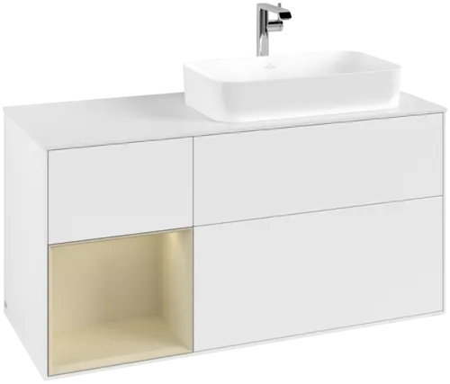 VILLEROY BOCH Toaletní skříňka Finion, s osvětlením, 3 výsuvy, 1200 x 603 x 501 mm, bílý matný lak / hedvábně šedý matný lak / bílé matné sklo #F271HJMT