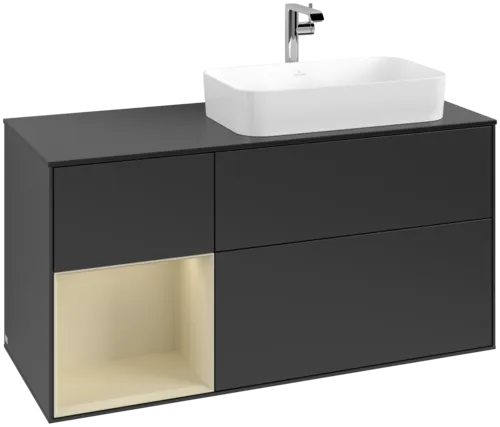 VILLEROY BOCH Toaletní skříňka Finion, s osvětlením, 3 výsuvy, 1200 x 603 x 501 mm, černý matný lak / hedvábně šedý matný lak / černé matné sklo #F272HJPD