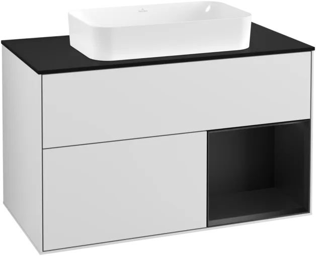 VILLEROY BOCH Toaletní skříňka Finion, s osvětlením, 2 výsuvy, 1000 x 603 x 501 mm, bílý matný lak / černý matný lak / černé matné sklo #F252PDMT