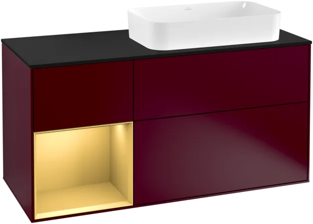 VILLEROY BOCH Toaletní skříňka Finion, s osvětlením, 3 výsuvy, 1200 x 603 x 501 mm, Peony Matt Lacquer / Gold Matt Lacquer / Glass Black Matt #F272HFHB