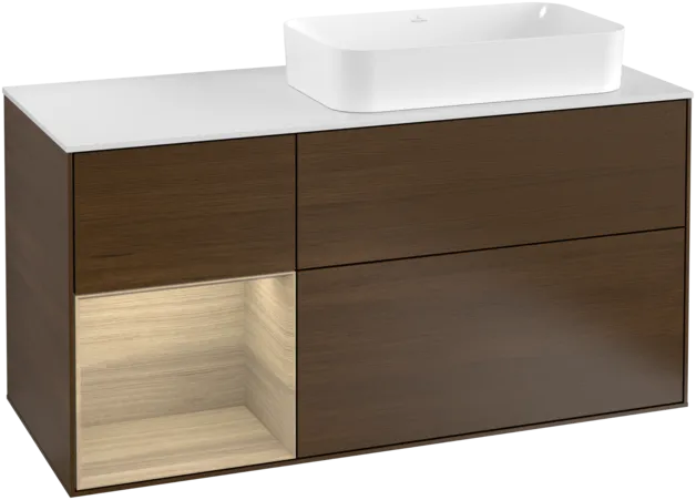 VILLEROY BOCH Toaletní skříňka Finion, s osvětlením, 3 výsuvy, 1200 x 603 x 501 mm, ořechová dýha / dubová dýha / sklo bílé matné #F271PCGN