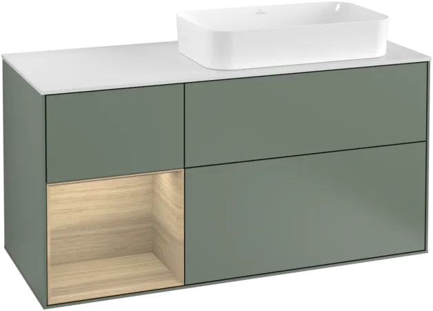 VILLEROY BOCH Toaletní skříňka Finion, s osvětlením, 3 výsuvy, 1200 x 603 x 501 mm, olivový matný lak / dubová dýha / sklo bílé matné #F271PCGM