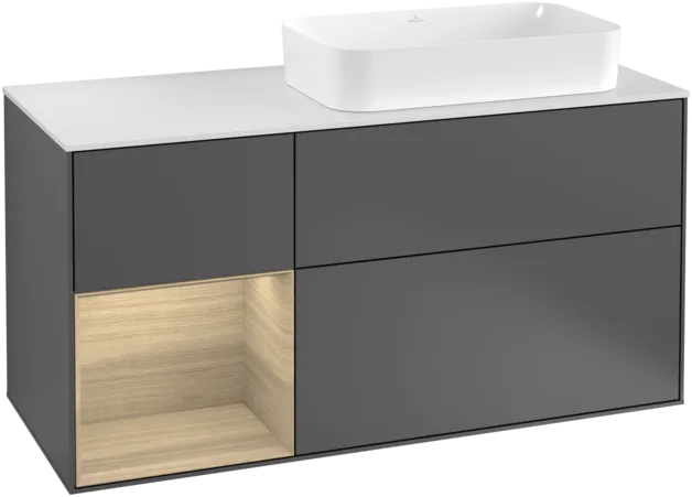 VILLEROY BOCH Toaletní skříňka Finion, s osvětlením, 3 výsuvy, 1200 x 603 x 501 mm, antracit matný lak / dubová dýha / sklo bílé matné #F271PCGK