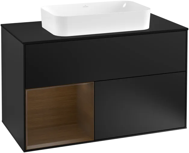 VILLEROY BOCH Toaletní skříňka Finion, s osvětlením, 2 výsuvy, 1000 x 603 x 501 mm, černý matný lak / ořechová dýha / černé matné sklo #F242GNPD