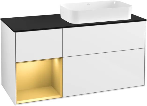VILLEROY BOCH Toaletní skříňka Finion, s osvětlením, 3 výsuvy, 1200 x 603 x 501 mm, lesklý bílý lak / zlatý matný lak / černé matné sklo #F272HFGF