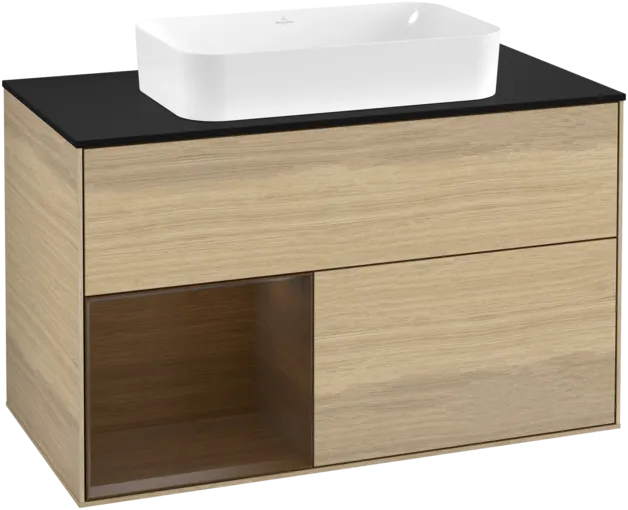 VILLEROY BOCH Toaletní stolek Finion, s osvětlením, 2 výsuvy, 1000 x 603 x 501 mm, dubová dýha / ořechová dýha / sklo černé matné #F242GNPC