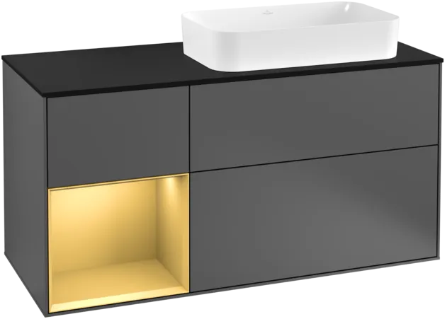 VILLEROY BOCH Toaletní skříňka Finion, s osvětlením, 3 výsuvy, 1200 x 603 x 501 mm, antracit matný lak / zlatý matný lak / černé matné sklo #F272HFGK
