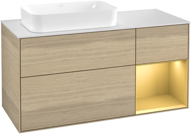 VILLEROY BOCH Toaletní skříňka Finion, s osvětlením, 3 výsuvy, 1200 x 603 x 501 mm, dubová dýha / zlatý matný lak / sklo bílé matné #F281HFPC