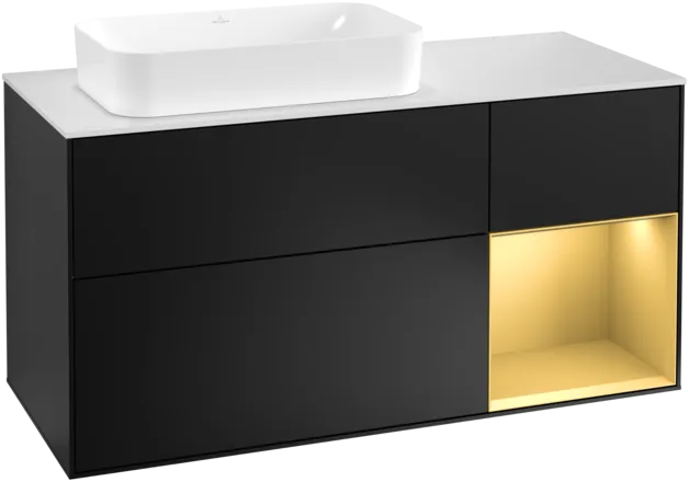 VILLEROY BOCH Toaletní skříňka Finion, s osvětlením, 3 výsuvy, 1200 x 603 x 501 mm, černý matný lak / zlatý matný lak / bílé matné sklo #F281HFPD