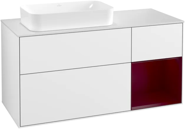 VILLEROY BOCH Toaletní skříňka Finion, s osvětlením, 3 výsuvy, 1200 x 603 x 501 mm, lesklý bílý lak / matný lak Pivoňka / matné bílé sklo #F281HBGF