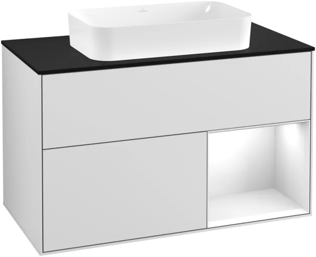 VILLEROY BOCH Umyvadlová skříňka Finion, s osvětlením, 2 výsuvy, 1000 x 603 x 501 mm, bílý matný lak / bílý lesklý lak / černé matné sklo #F252GFMT