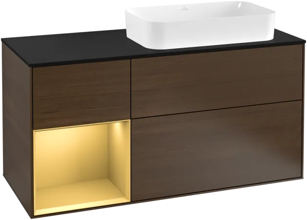 VILLEROY BOCH Toaletní skříňka Finion, s osvětlením, 3 výsuvy, 1200 x 603 x 501 mm, ořechová dýha / zlatý matný lak / černé matné sklo #F272HFGN