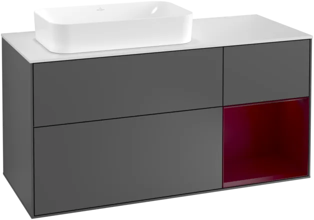 VILLEROY BOCH Toaletní skříňka Finion, s osvětlením, 3 výsuvy, 1200 x 603 x 501 mm, antracitový matný lak / pivoňkový matný lak / bílé matné sklo #F281HBGK