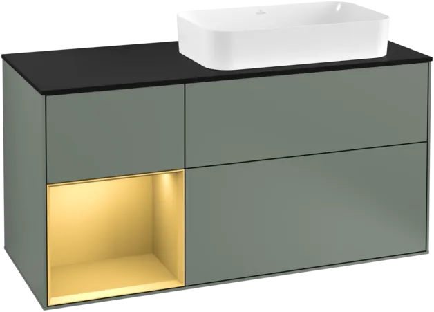 VILLEROY BOCH Toaletní skříňka Finion, s osvětlením, 3 výsuvy, 1200 x 603 x 501 mm, olivový matný lak / zlatý matný lak / černé matné sklo #F272HFGM