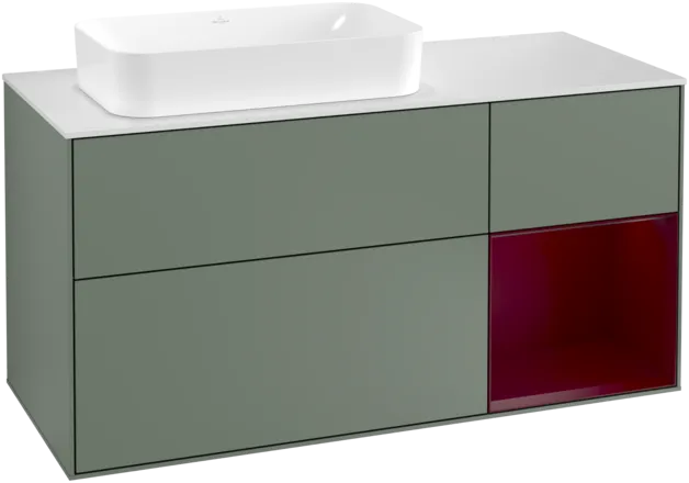 VILLEROY BOCH Toaletní skříňka Finion, s osvětlením, 3 výsuvy, 1200 x 603 x 501 mm, olivový matný lak / pivoňkový matný lak / bílé matné sklo #F281HBGM