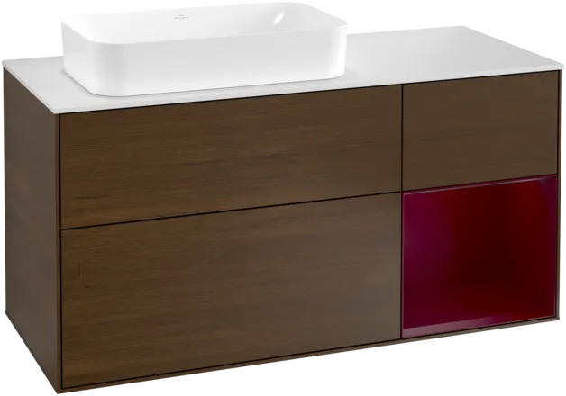 VILLEROY BOCH Toaletní skříňka Finion, s osvětlením, 3 výsuvy, 1200 x 603 x 501 mm, ořechová dýha / matný lak Pivoňka / matné bílé sklo #F281HBGN