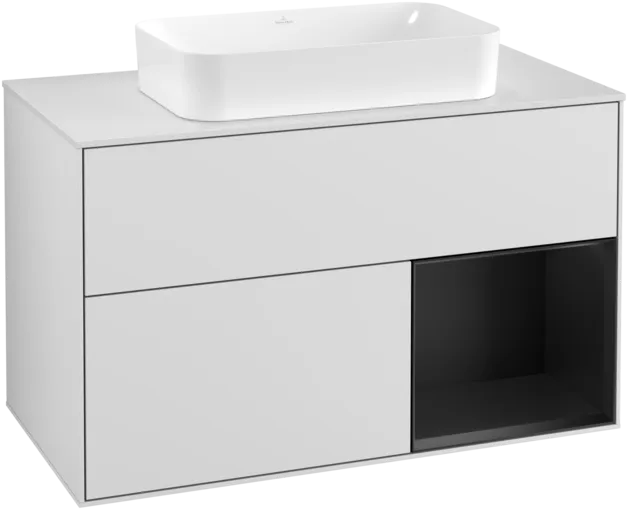 VILLEROY BOCH Toaletní skříňka Finion, s osvětlením, 2 výsuvy, 1000 x 603 x 501 mm, bílý matný lak / černý matný lak / bílé matné sklo #F251PDMT