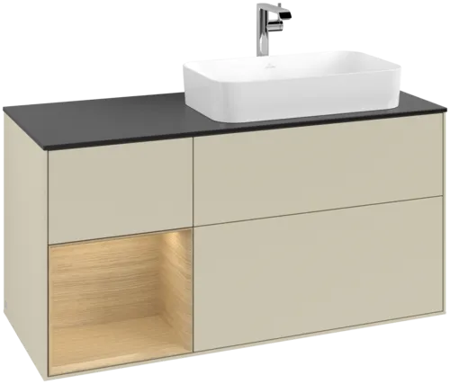 VILLEROY BOCH Toaletní skříňka Finion, s osvětlením, 3 výsuvy, 1200 x 603 x 501 mm, hedvábně šedý matný lak / dubová dýha / černé matné sklo #F272PCHJ