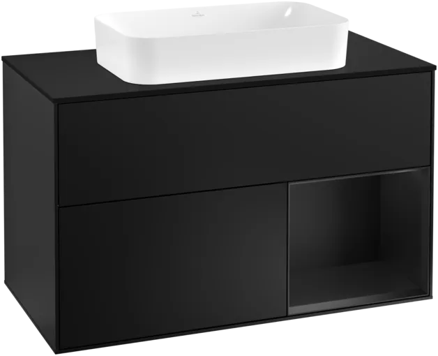 VILLEROY BOCH Umyvadlová skříňka Finion, s osvětlením, 2 výsuvy, 1000 x 603 x 501 mm, černý matný lak / černý matný lak / černé matné sklo #F252PDPD