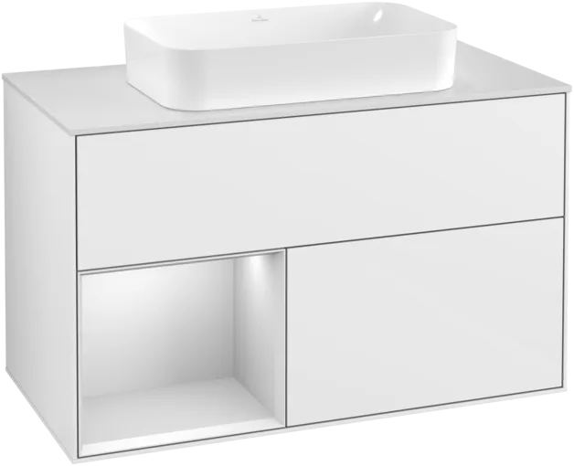 VILLEROY BOCH Umyvadlová skříňka Finion, s osvětlením, 2 výsuvy, 1000 x 603 x 501 mm, lesklý bílý lak / bílý matný lak / bílé matné sklo #F241MTGF