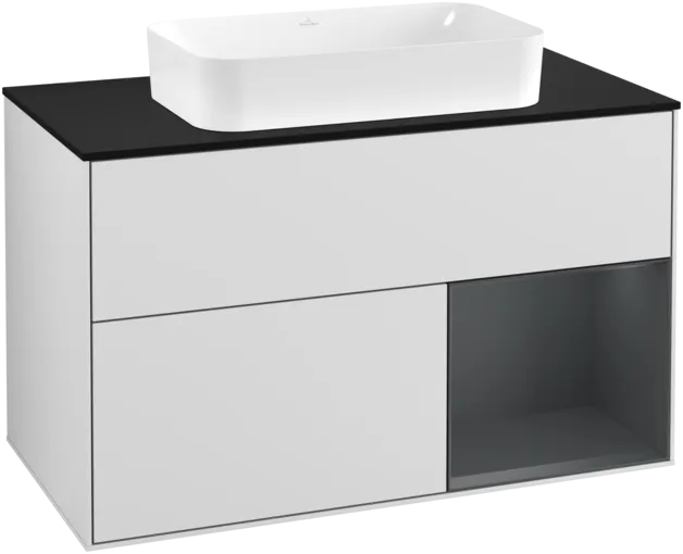 VILLEROY BOCH Toaletní skříňka Finion, s osvětlením, 2 výsuvy, 1000 x 603 x 501 mm, bílý matný lak / půlnoční modrý matný lak / černé matné sklo #F252HGMT