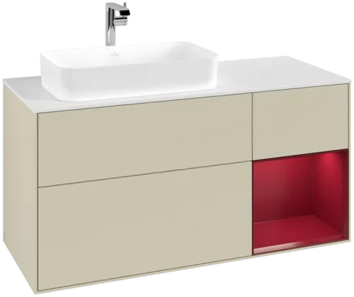 VILLEROY BOCH Toaletní skříňka Finion, s osvětlením, 3 výsuvy, 1200 x 603 x 501 mm, Silk Grey Matt Lacquer / Peony Matt Lacquer / Glass White Matt #F281HBHJ