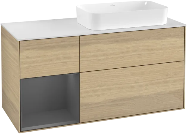 VILLEROY BOCH Toaletní skříňka Finion, s osvětlením, 3 výsuvy, 1200 x 603 x 501 mm, dubová dýha / antracitový matný lak / bílé matné sklo #F271GKPC