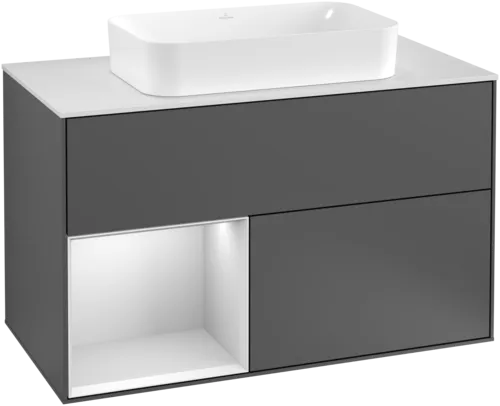 VILLEROY BOCH Toaletní skříňka Finion, s osvětlením, 2 výsuvy, 1000 x 603 x 501 mm, antracitový matný lak / bílý matný lak / bílé matné sklo #F241MTGK