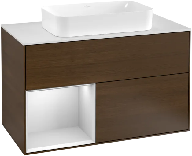 VILLEROY BOCH Umyvadlová skříňka Finion, s osvětlením, 2 výsuvy, 1000 x 603 x 501 mm, ořechová dýha / bílý matný lak / bílé matné sklo #F241MTGN
