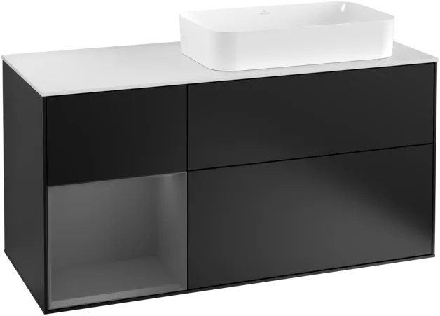 VILLEROY BOCH Toaletní skříňka Finion, s osvětlením, 3 výsuvy, 1200 x 603 x 501 mm, černý matný lak / antracitový matný lak / bílé matné sklo #F271GKPD