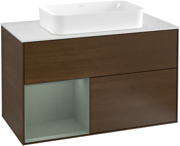 VILLEROY BOCH Toaletní stolek Finion, s osvětlením, 2 výsuvy, 1000 x 603 x 501 mm, ořechová dýha / olivový matný lak / sklo bílé matné #F241GMGN