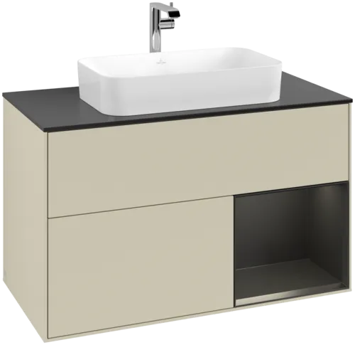 VILLEROY BOCH Toaletní skříňka Finion, s osvětlením, 2 výsuvy, 1000 x 603 x 501 mm, hedvábně šedý matný lak / černý matný lak / černé matné sklo #F252PDHJ