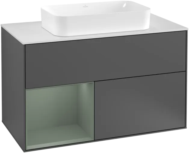 VILLEROY BOCH Toaletní skříňka Finion, s osvětlením, 2 výsuvy, 1000 x 603 x 501 mm, antracitový matný lak / olivový matný lak / bílé matné sklo #F241GMGK