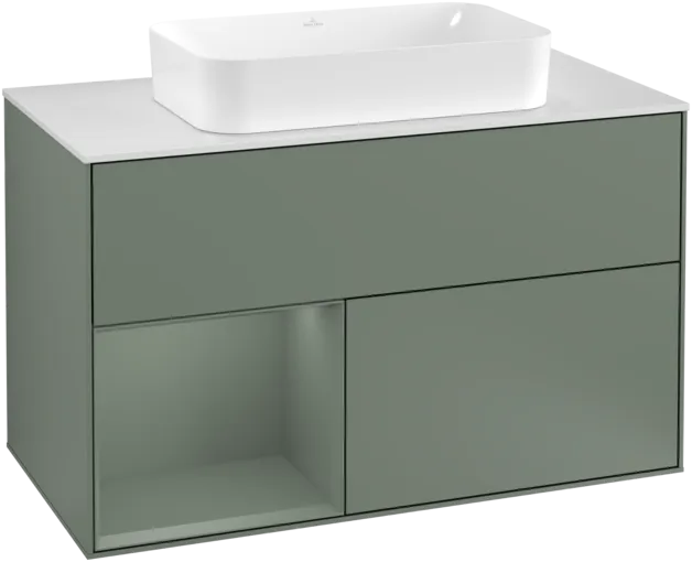 VILLEROY BOCH Toaletní skříňka Finion, s osvětlením, 2 výsuvy, 1000 x 603 x 501 mm, olivově matný lak / olivově matný lak / sklo bílé matné #F241GMGM