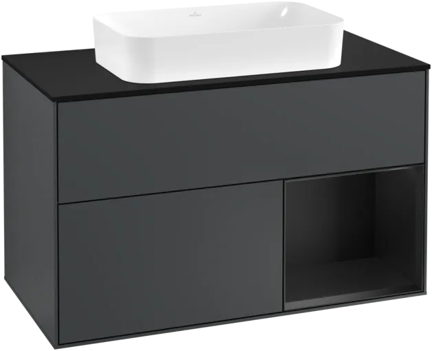 VILLEROY BOCH Toaletní skříňka Finion, s osvětlením, 2 výsuvy, 1000 x 603 x 501 mm, Midnight Blue Matt Lacquer / Black Matt Lacquer / Glass Black Matt #F252PDHG