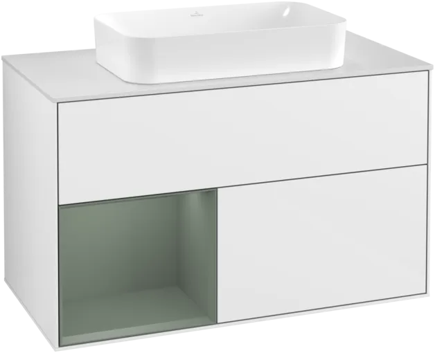 VILLEROY BOCH Toaletní skříňka Finion, s osvětlením, 2 výsuvy, 1000 x 603 x 501 mm, lesklý bílý lak / olivově matný lak / sklo bílé matné #F241GMGF