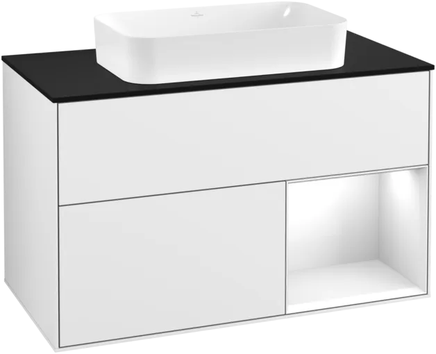 VILLEROY BOCH Toaletní skříňka Finion, s osvětlením, 2 výsuvy, 1000 x 603 x 501 mm, lesklý bílý lak / lesklý bílý lak / sklo černé matné #F252GFGF