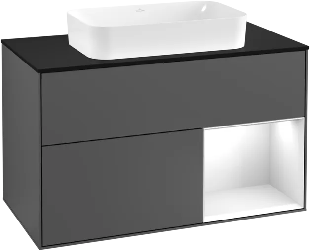 VILLEROY BOCH Toaletní skříňka Finion, s osvětlením, 2 výsuvy, 1000 x 603 x 501 mm, antracit matný lak / lesklý bílý lak / sklo černé matné #F252GFGK