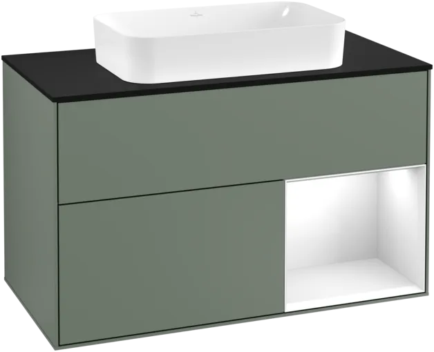 VILLEROY BOCH Toaletní skříňka Finion, s osvětlením, 2 výsuvy, 1000 x 603 x 501 mm, olivový matný lak / lesklý bílý lak / sklo černé matné #F252GFGM