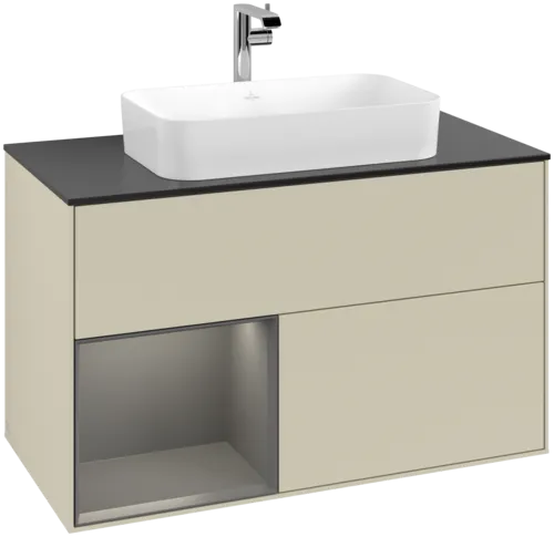 VILLEROY BOCH Toaletní skříňka Finion, s osvětlením, 2 výsuvy, 1000 x 603 x 501 mm, hedvábně šedý matný lak / antracitový matný lak / černé matné sklo #F242GKHJ