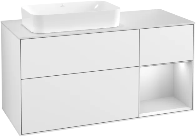 VILLEROY BOCH Toaletní skříňka Finion, s osvětlením, 3 výsuvy, 1200 x 603 x 501 mm, lesklý bílý lak / bílý matný lak / bílé matné sklo #F281MTGF