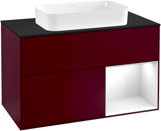 VILLEROY BOCH Toaletní skříňka Finion, s osvětlením, 2 výsuvy, 1000 x 603 x 501 mm, matný lak Peony / lesklý bílý lak / černé matné sklo #F252GFHB